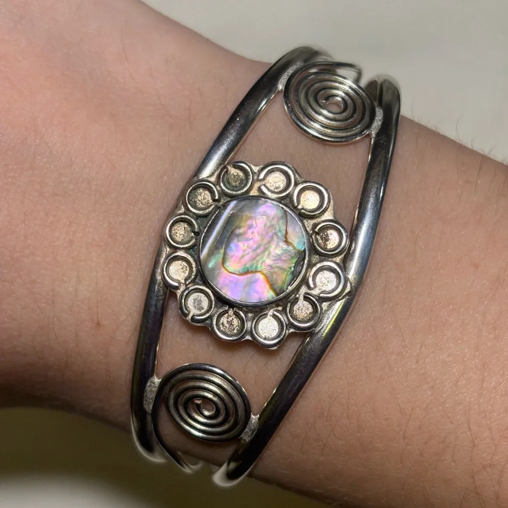 Vintage Abalone Shell Alpaca Silver Cuff Bracelet